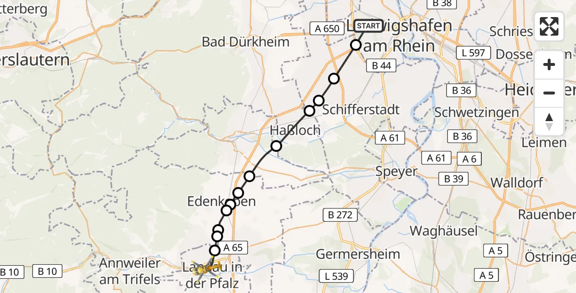 Flugroute Rettungshubschrauber Ludwigshafen am Rhein - Landau in der Pfalz, 26 Juli 2026, 08:05