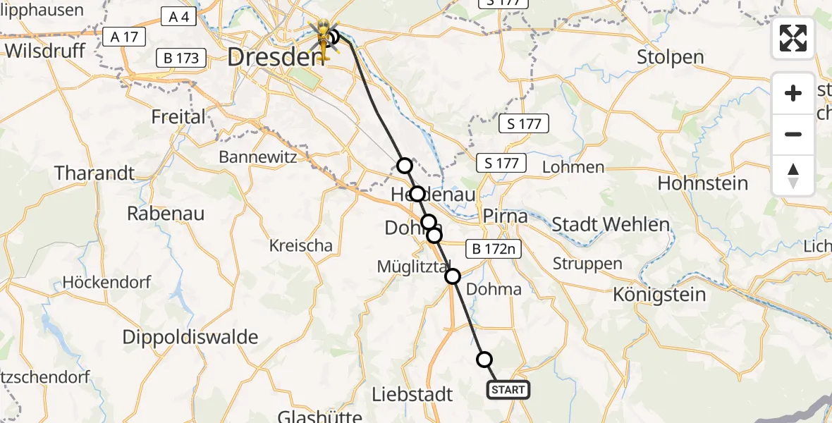 Flugroute Rettungshubschrauber Bad Gottleuba-Berggießhübel - Dresden University Hospital, 26 Juli 2026, 08:10