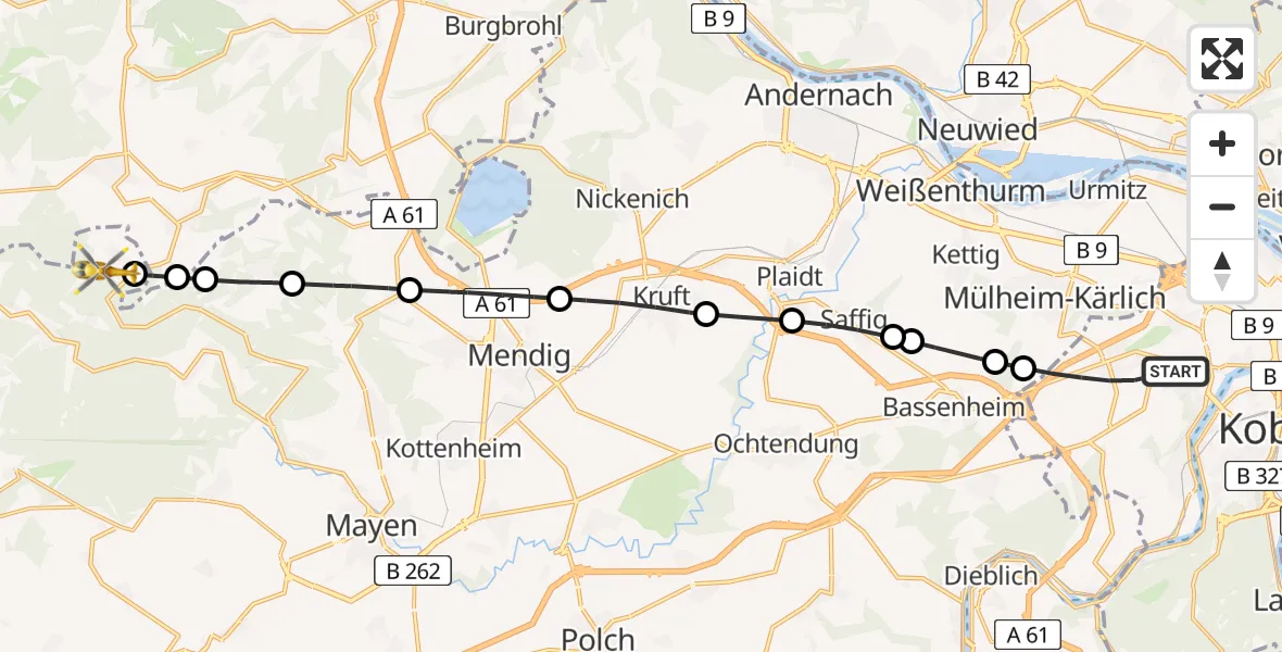 Flugroute Rettungshubschrauber Koblenz - Hausten, 26 Juli 2026, 08:13