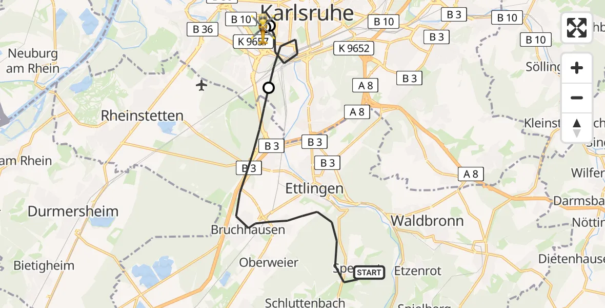 Flugroute Ambulanzhubschrauber Ettlingen - Sankt Vincentius Hospital, 26 Juli 2026, 08:16
