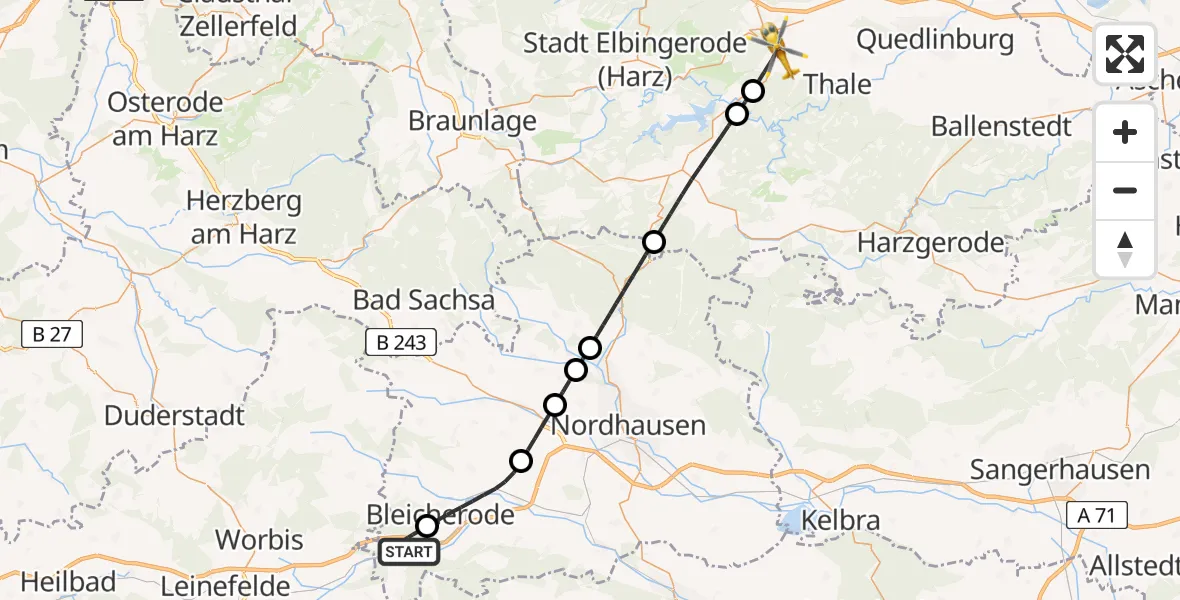Flugroute Rettungshubschrauber Sollstedt - Blankenburg (Harz), 26 Juli 2026, 08:23