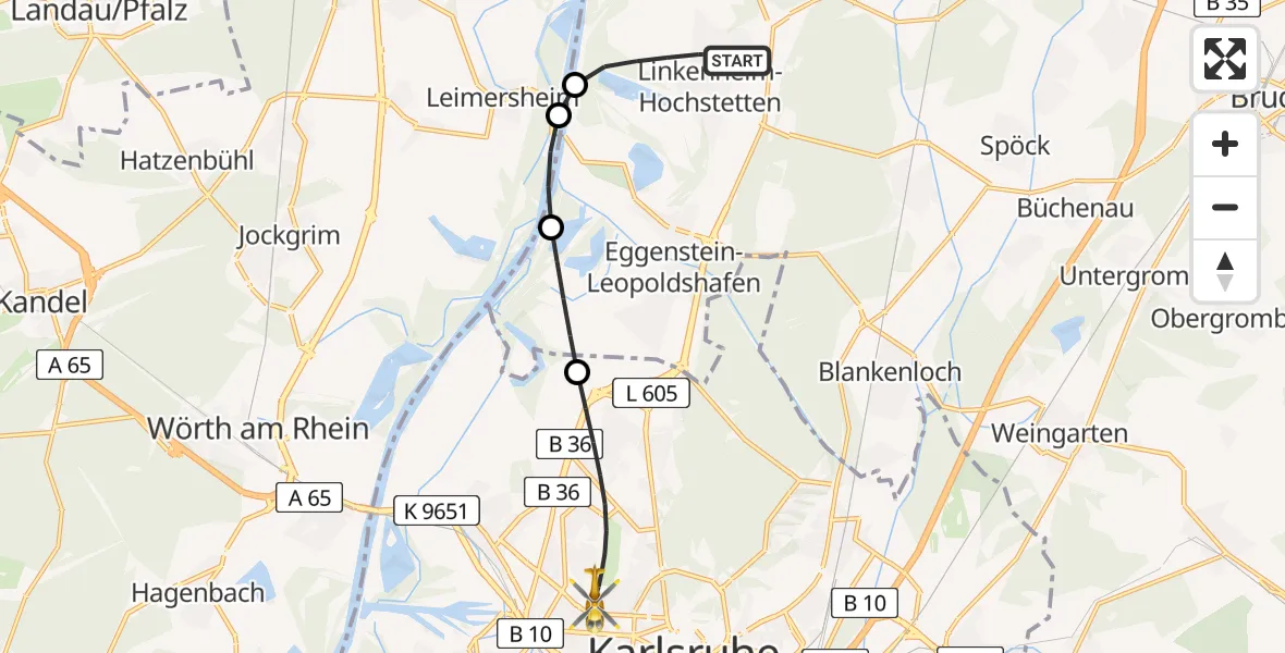 Flugroute Rettungshubschrauber Linkenheim-Hochstetten - Karlsruhe, 26 Juli 2026, 08:36