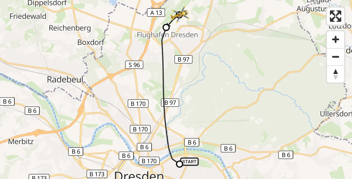 Flugroute Rettungshubschrauber Dresden University Hospital - Dresden Bundespolizei Hubschrauberlandeplatz, 26 Juli 2026, 08:40