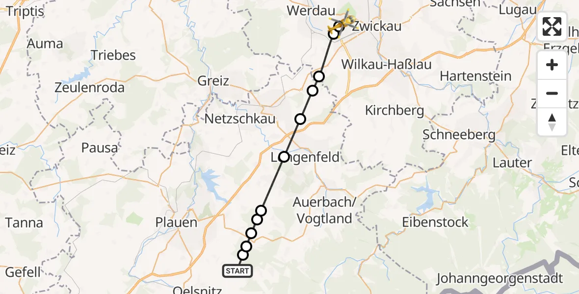 Flugroute Rettungshubschrauber Tirpersdorf - ADAC Air Rescue Station Zwickau Hubschrauberlandeplatz, 26 Juli 2026, 08:43