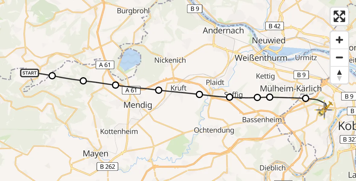 Flugroute Rettungshubschrauber Weibern - Koblenz, 26 Juli 2026, 08:44