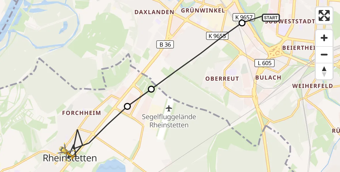 Flugroute Ambulanzhubschrauber Sankt Vincentius Hospital - Rheinstetten, 26 Juli 2026, 08:48