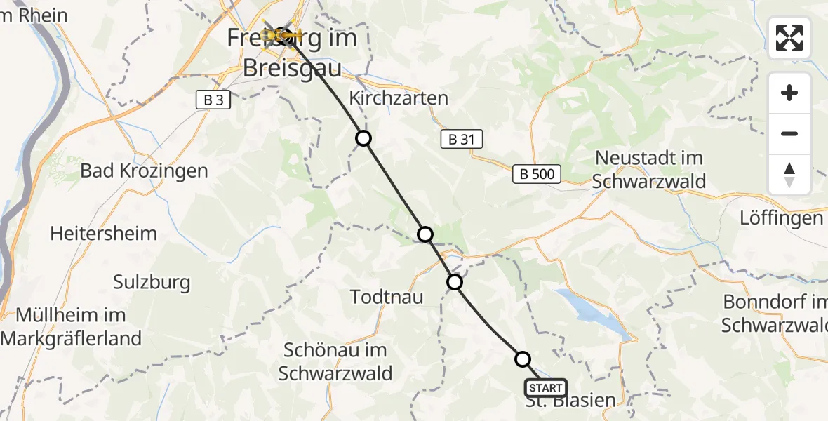 Flugroute Ambulanzhubschrauber St. Blasien - Freiburg University Hospital Heliport 1, 26 Juli 2026, 08:50