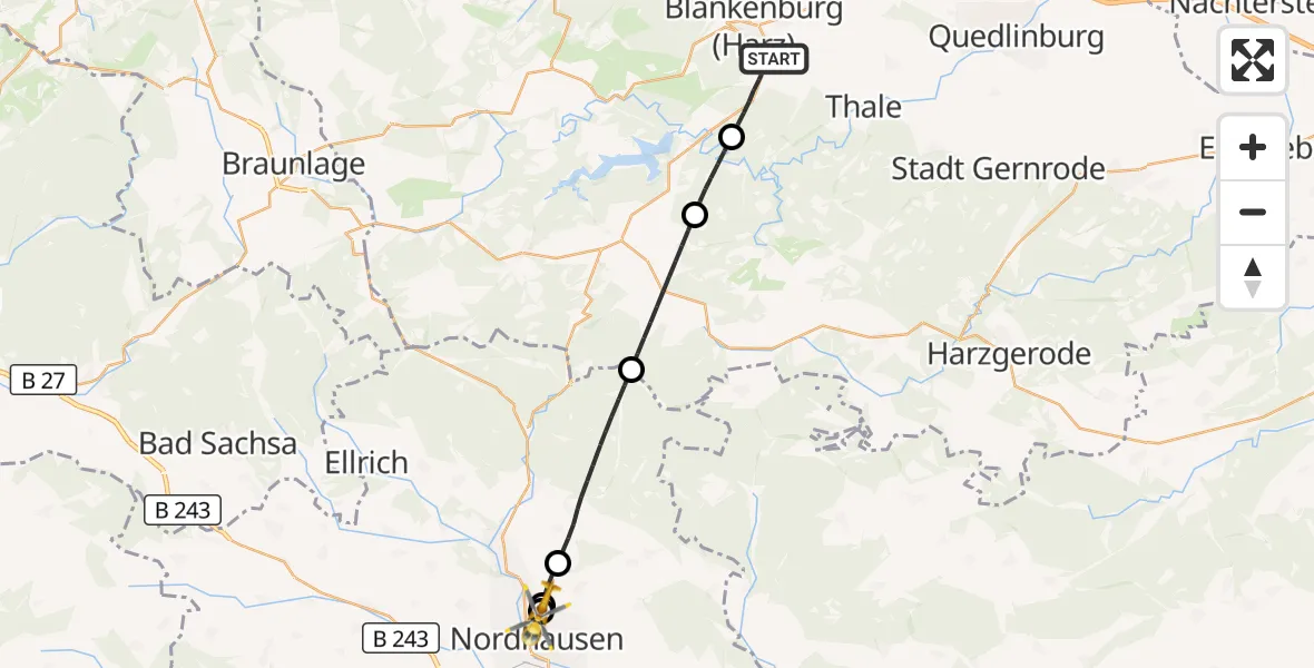 Flugroute Rettungshubschrauber Blankenburg (Harz) - Südharz Hospital Nordhausen, 26 Juli 2026, 08:50