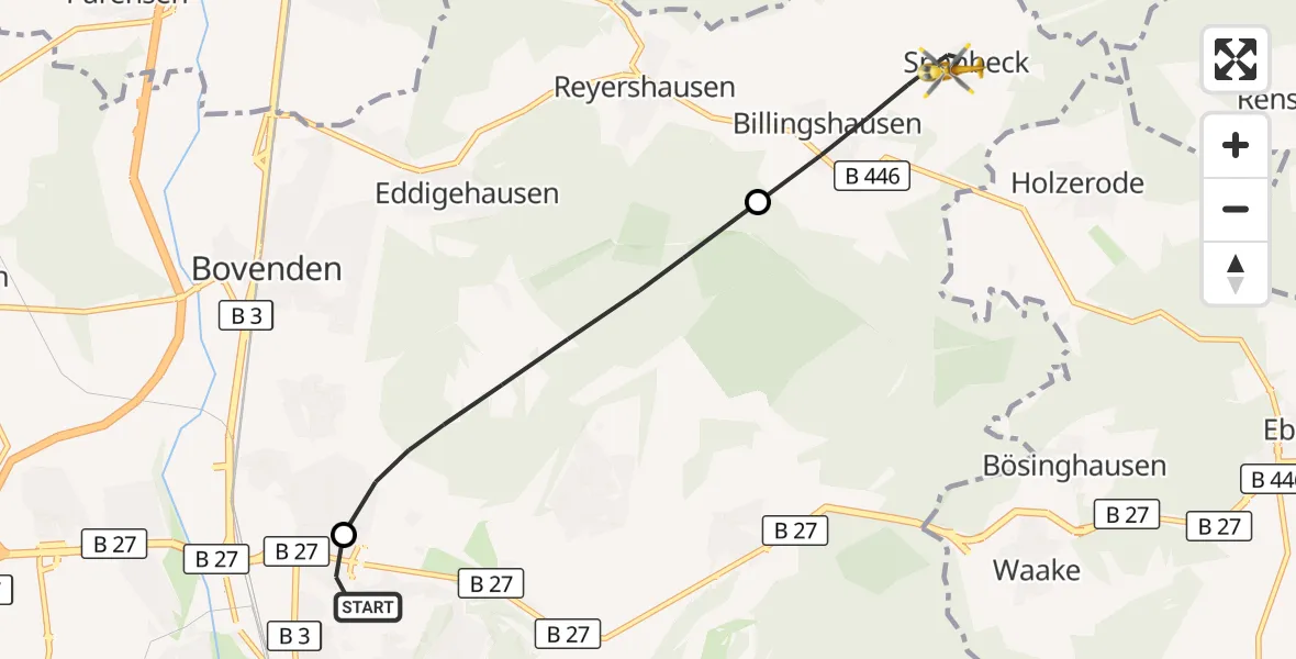 Flugroute Rettungshubschrauber Göttingen University Clinic Hubschrauberlandeplatz - Bovenden, 26 Juli 2026, 08:53