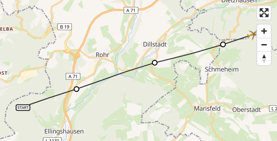 Flugroute Rettungshubschrauber Ellingshausen - Suhl, 26 Juli 2026, 08:56