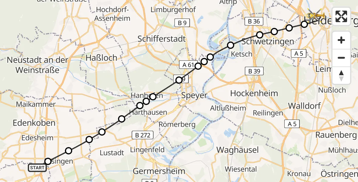 Flugroute Rettungshubschrauber Landau in der Pfalz - Heidelberg, 26 Juli 2026, 08:58