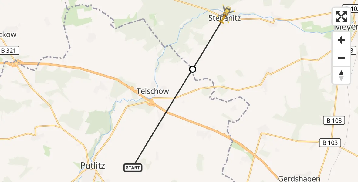 Flugroute Rettungshubschrauber Putlitz - Marienfließ, 26 Juli 2026, 09:01
