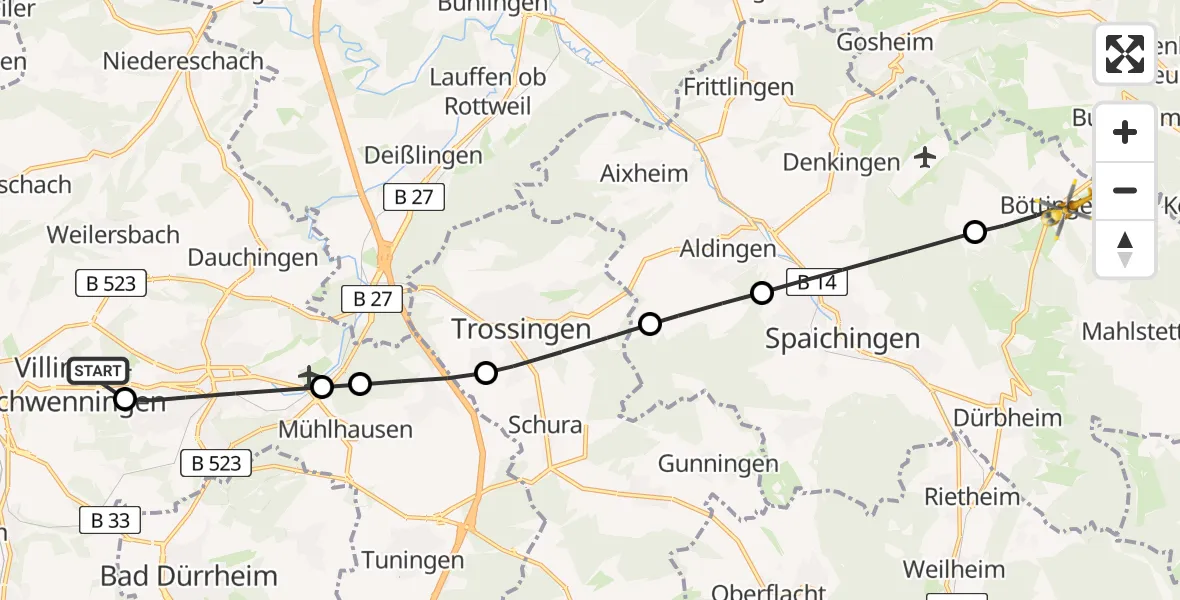 Flugroute Ambulanzhubschrauber DRF Air Rescue Station Villingen-Schwenningen Hubschrauberlandeplatz (Christoph 11) - Böttingen, 26 Juli 2026, 09:03