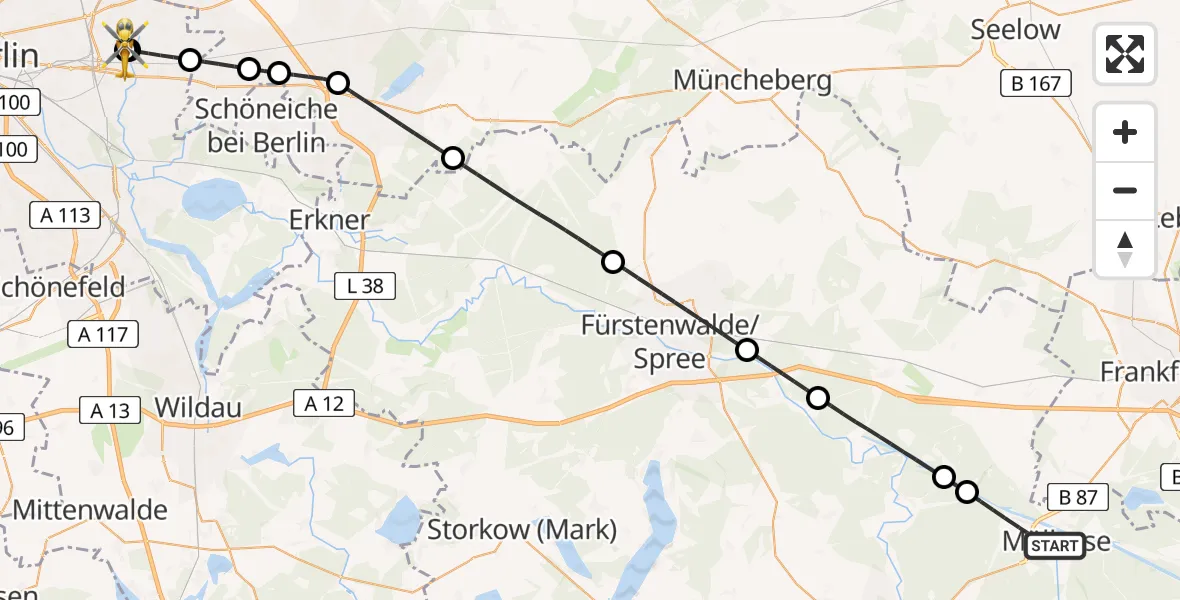 Flugroute Rettungshubschrauber Müllrose - Berlin Emergency Hospital, 26 Juli 2026, 09:13