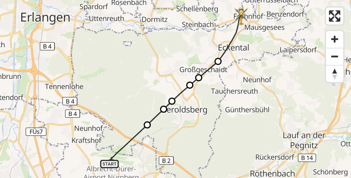 Flugroute Ambulanzhubschrauber Flughafen Nuremberg - Eckental, 26 Juli 2026, 09:15