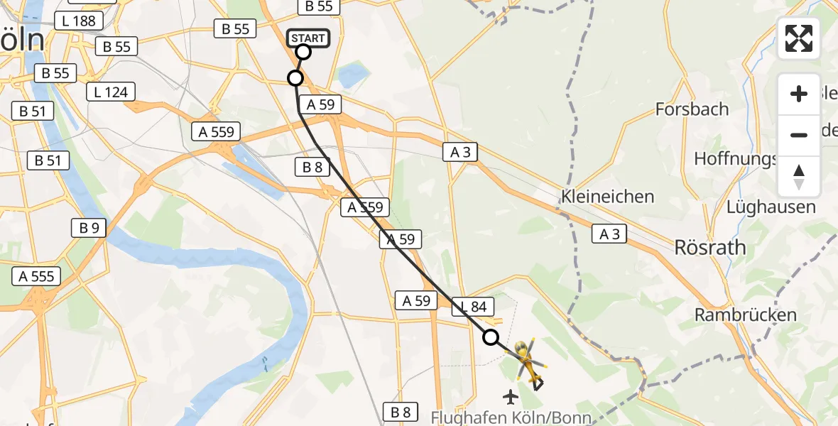 Flugroute Rettungshubschrauber Merheim Hospital - Köln Bonn Flughafen, 26 Juli 2026, 09:19