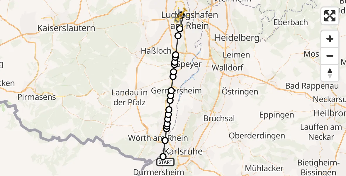 Flugroute Ambulanzhubschrauber Rheinstetten - Ludwigshafen Accident Hospital, 26 Juli 2026, 09:23