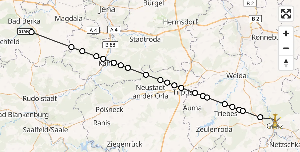 Flugroute Ambulanzhubschrauber Bad Berka - Greiz, 26 Juli 2026, 09:25