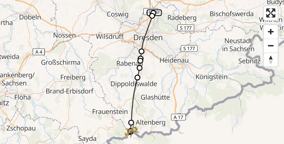 Flugroute Rettungshubschrauber Dresden Bundespolizei Hubschrauberlandeplatz - Hermsdorf/Erzgeb., 26 Juli 2026, 09:29