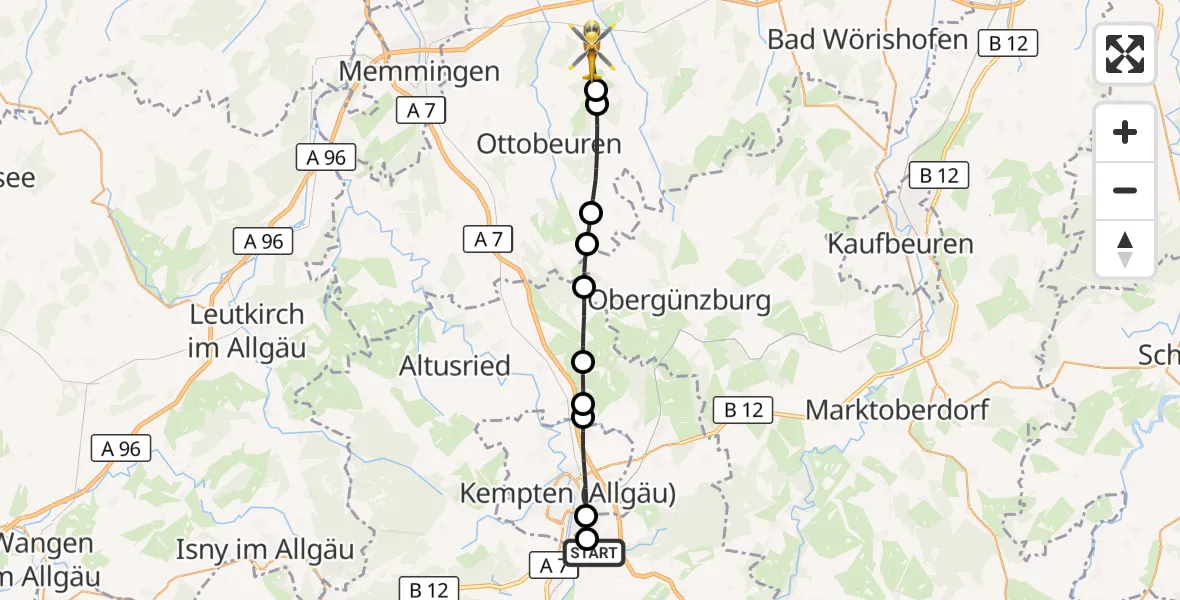 Flugroute Rettungshubschrauber Kempten-Durach Flugplatz - Sontheim, 26 Juli 2026, 09:33