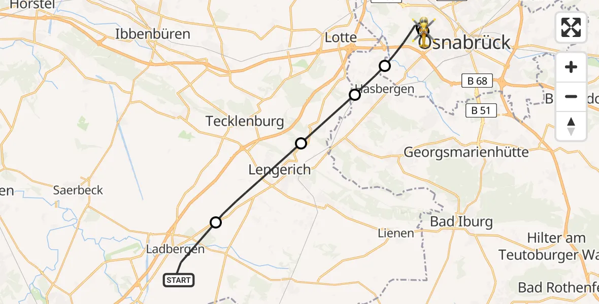 Flugroute Ambulanzhubschrauber Ladbergen - Osnabrück Hospital, 26 Juli 2026, 09:33