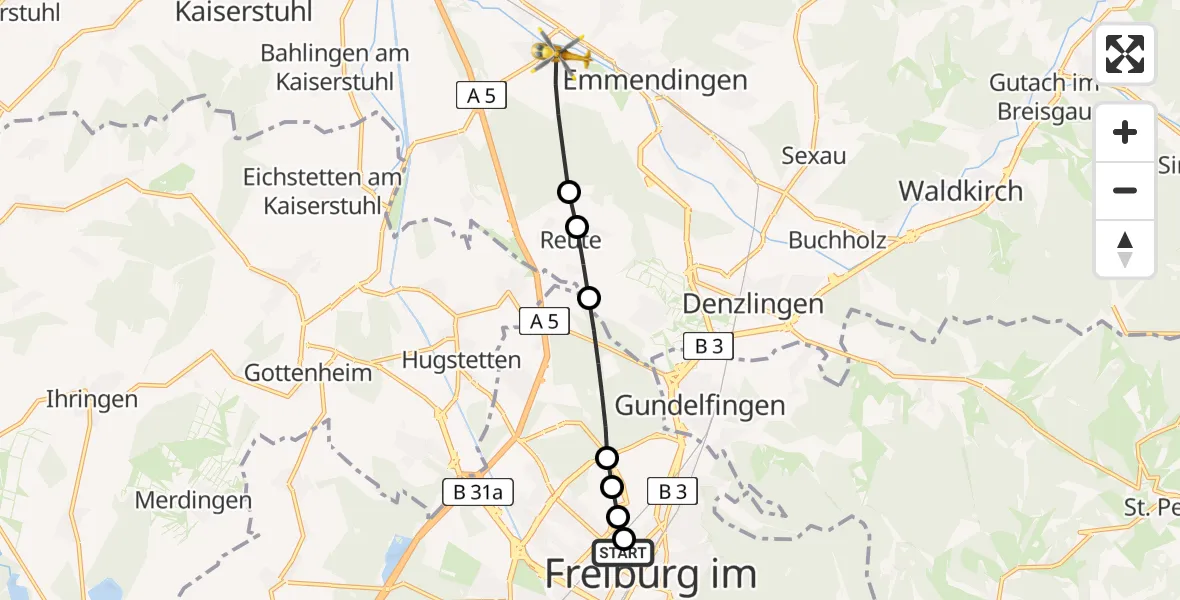 Flugroute Ambulanzhubschrauber Freiburg University Hospital Heliport 1 - Teningen, 26 Juli 2026, 09:36