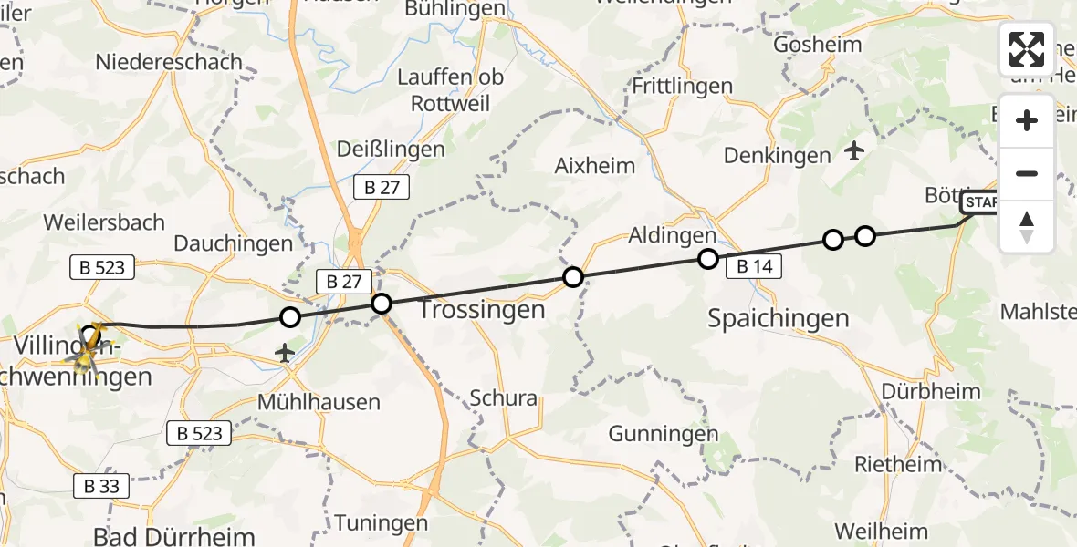 Flugroute Ambulanzhubschrauber Böttingen - DRF Air Rescue Station Villingen-Schwenningen Hubschrauberlandeplatz (Christoph 11), 26 Juli 2026, 09:43