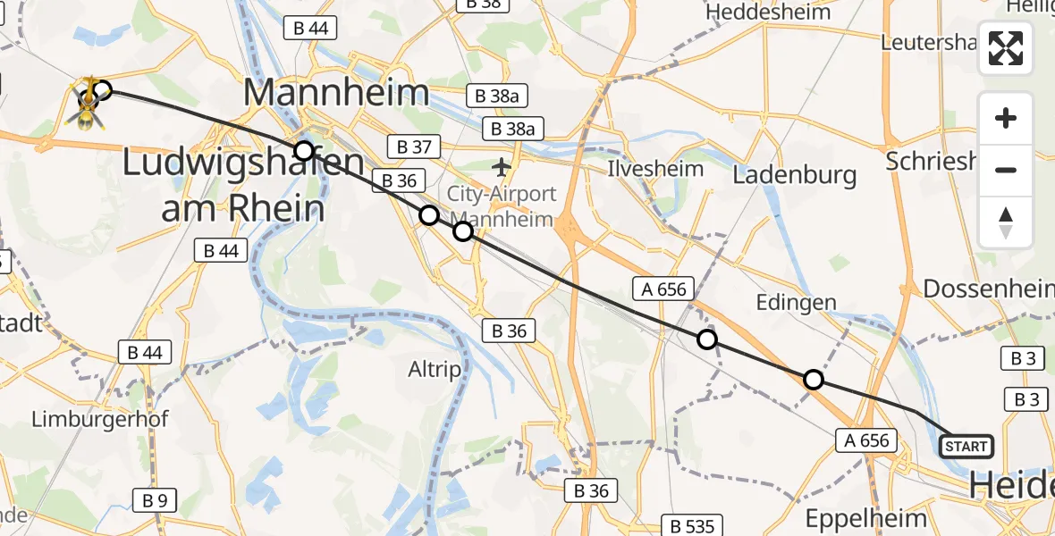 Flugroute Rettungshubschrauber Heidelberg - Ludwigshafen Accident Hospital, 26 Juli 2026, 09:44