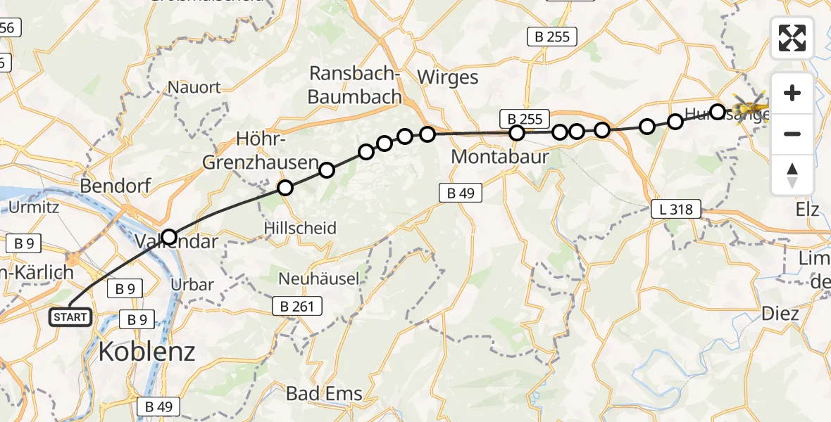 Flugroute Rettungshubschrauber Koblenz - Hundsangen, 26 Juli 2026, 09:50