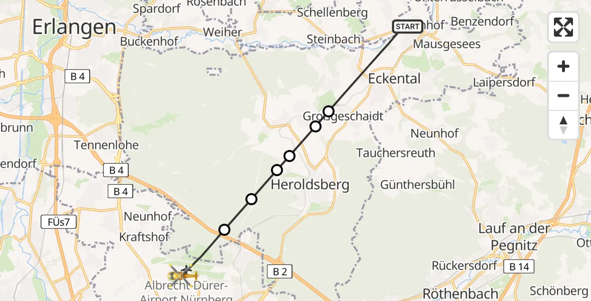 Flugroute Ambulanzhubschrauber Eckental - Flughafen Nuremberg, 26 Juli 2026, 09:52