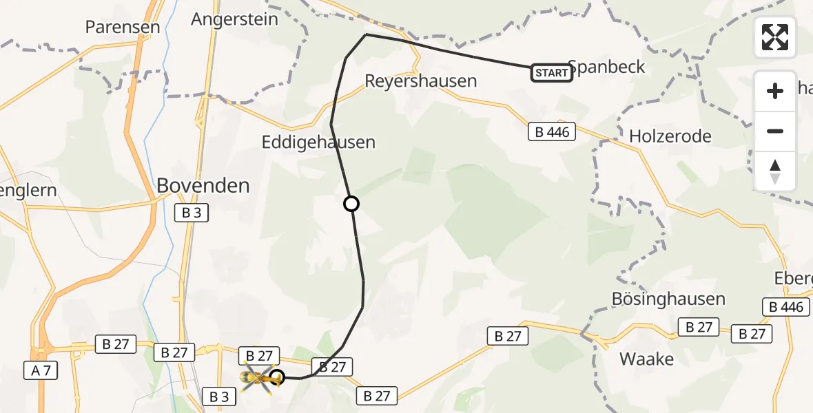 Flugroute Rettungshubschrauber Bovenden - Göttingen University Clinic Hubschrauberlandeplatz, 26 Juli 2026, 09:54