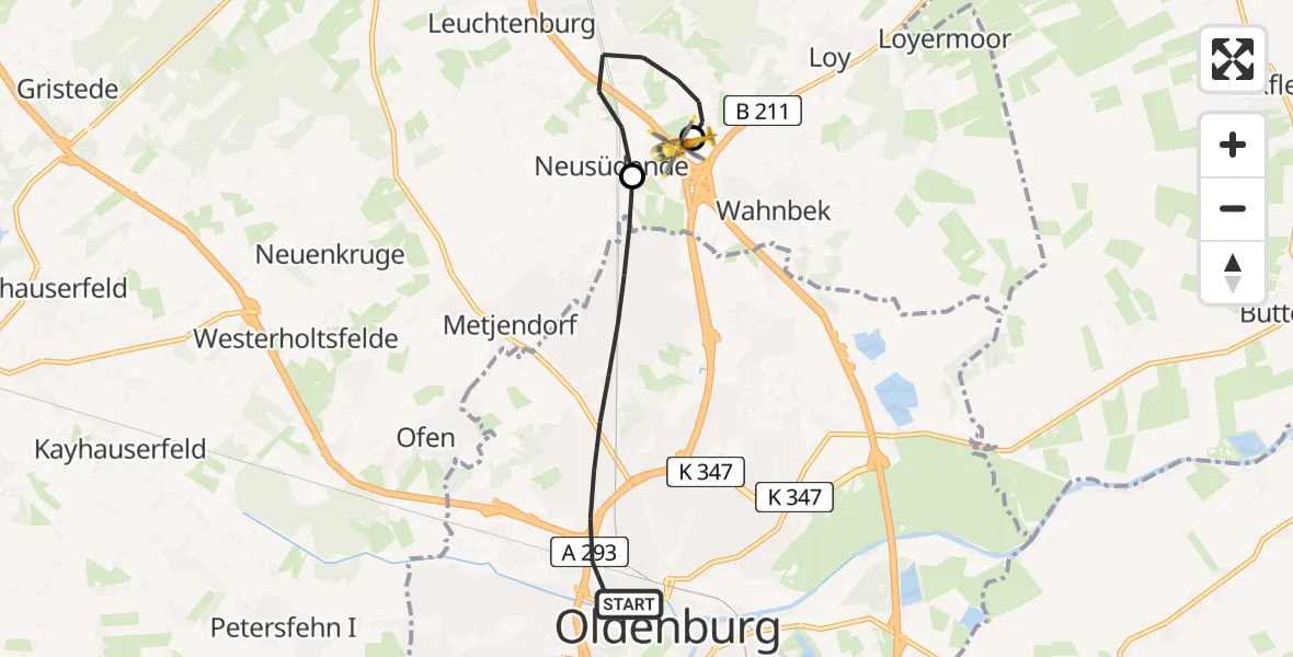 Flugroute Ambulanzhubschrauber Oldenburg (Oldb) - Oldenburg Police Hubschrauberlandeplatz, 26 Juli 2026, 09:56