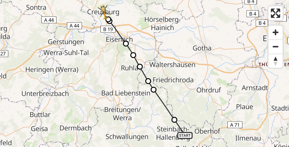 Flugroute Rettungshubschrauber Steinbach-Hallenberg - Amt Creuzburg, 26 Juli 2026, 10:09