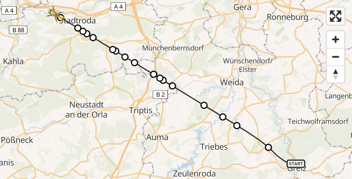 Flugroute Ambulanzhubschrauber Greiz - Laasdorf, 26 Juli 2026, 10:11