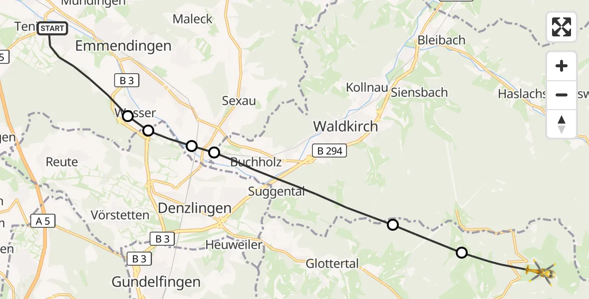 Flugroute Ambulanzhubschrauber Teningen - St. Peter, 26 Juli 2026, 10:12