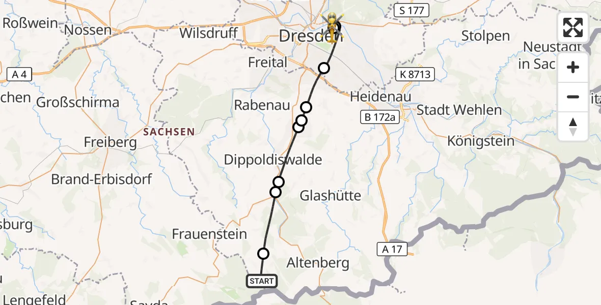 Flugroute Rettungshubschrauber Hermsdorf/Erzgeb. - Dresden University Hospital, 26 Juli 2026, 10:13