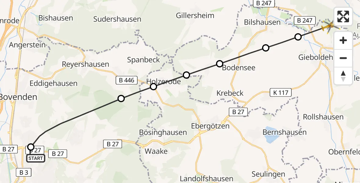Flugroute Rettungshubschrauber Göttingen University Clinic Hubschrauberlandeplatz - Gieboldehausen, 26 Juli 2026, 10:18