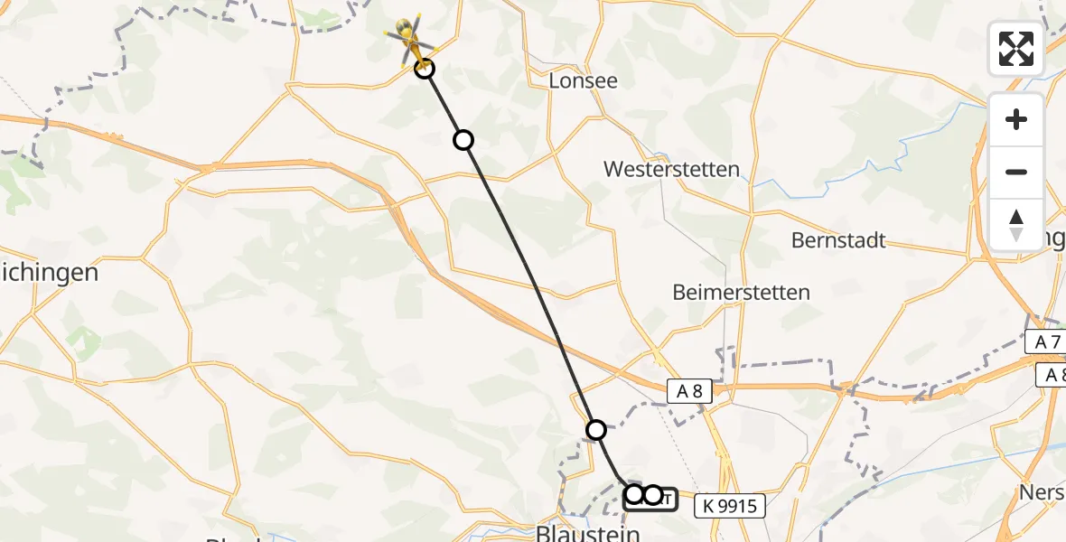Flugroute Rettungshubschrauber Ulm Military Hospital Emergency - Amstetten, 26 Juli 2026, 10:19