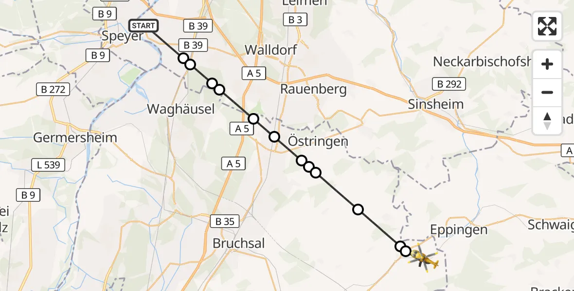 Flugroute Ambulanzhubschrauber Altlußheim - Sulzfeld, 26 Juli 2026, 10:33