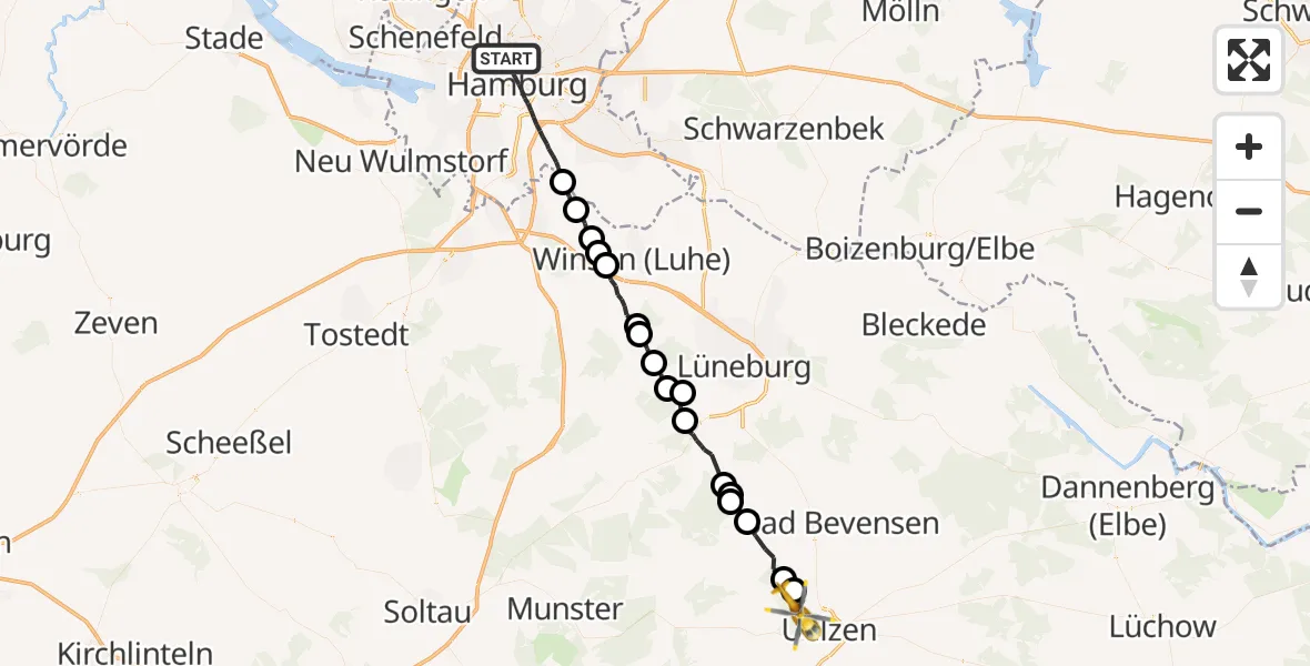 Flugroute Rettungshubschrauber Hamburg - Uelzen, 26 Juli 2026, 10:33