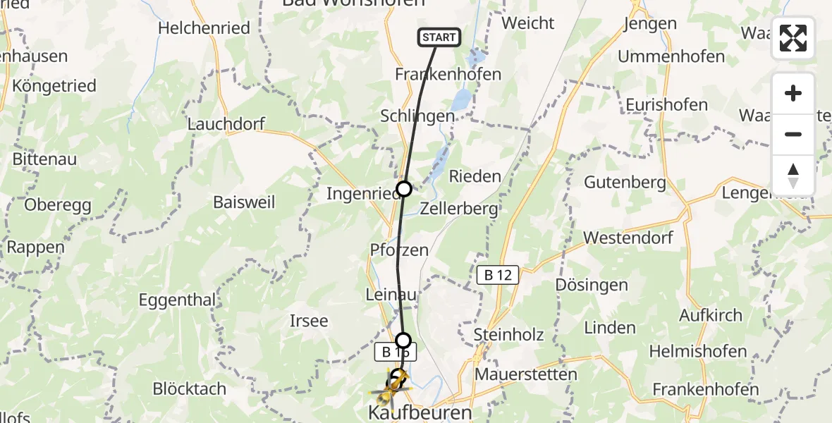 Flugroute Rettungshubschrauber Bad Wörishofen - Ostallgäu-Kaufbeuren Hospital, 26 Juli 2026, 10:45