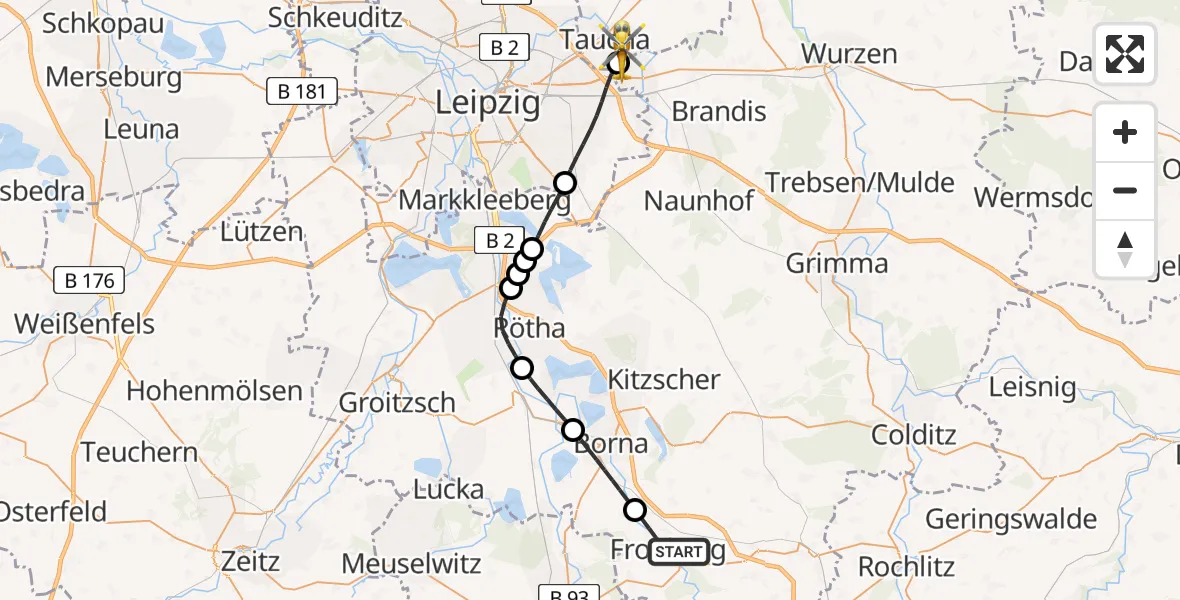 Flugroute Rettungshubschrauber Frohburg - Taucha, 26 Juli 2026, 10:46