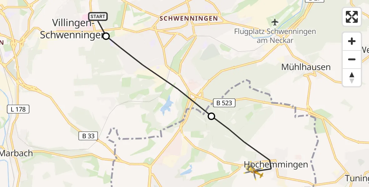 Flugroute Ambulanzhubschrauber DRF Air Rescue Station Villingen-Schwenningen Hubschrauberlandeplatz (Christoph 11) - Bad Dürrheim, 26 Juli 2026, 10:47