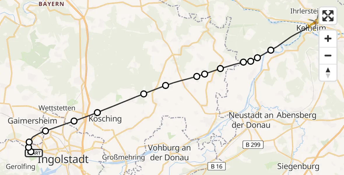 Flugroute Rettungshubschrauber Ingolstadt Hospital - Kelheim, 26 Juli 2026, 10:49