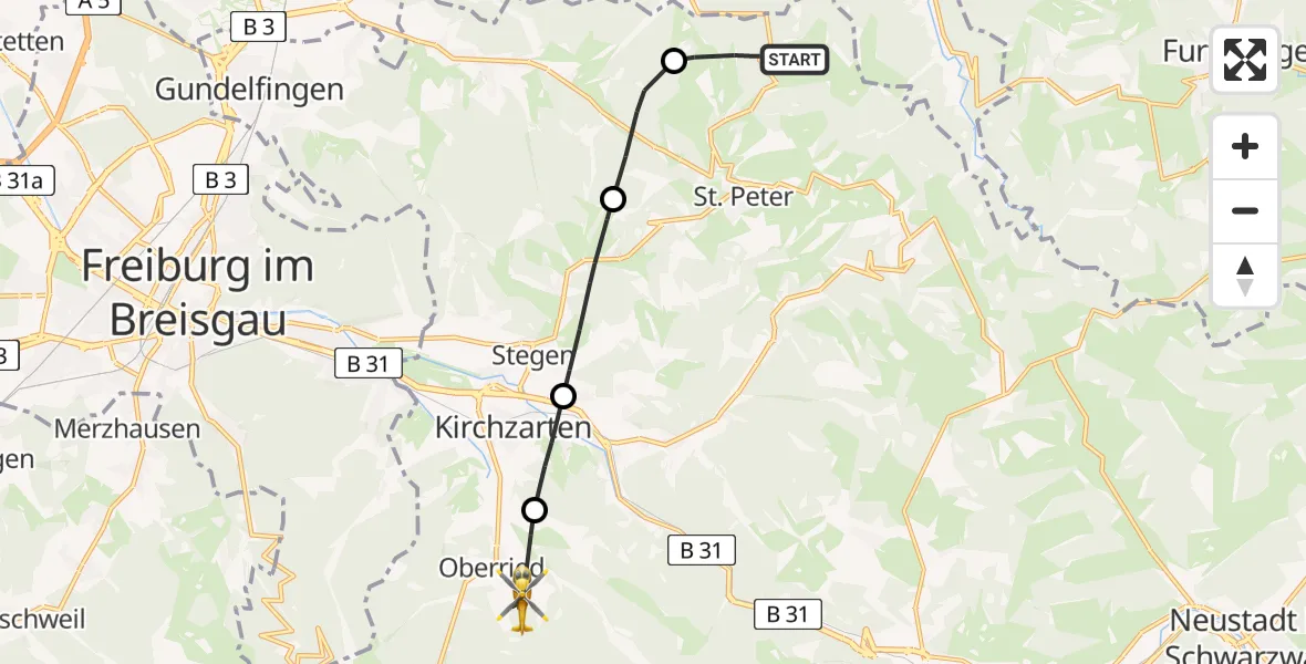 Flugroute Ambulanzhubschrauber St. Peter - Oberried, 26 Juli 2026, 10:50