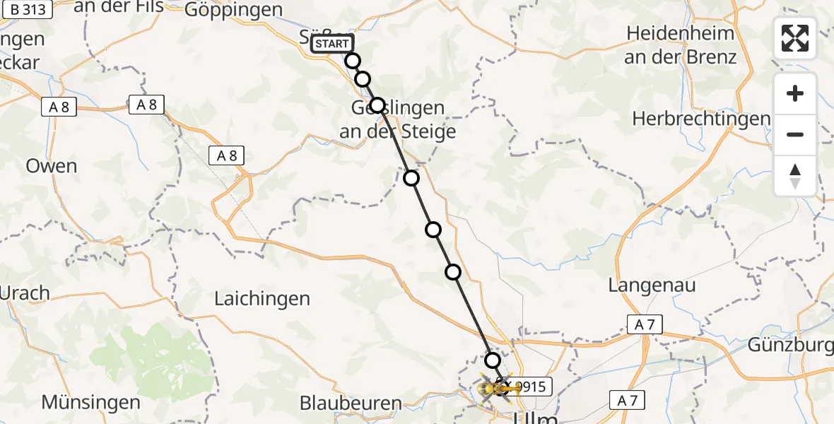 Flugroute Rettungshubschrauber Süßen - Ulm Military Hospital Emergency Hubschrauberlandeplatz, 26 Juli 2026, 10:53