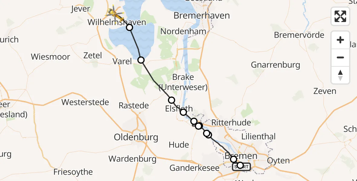 Flugroute Rettungshubschrauber Bremen - Wilhelmshaven, 26 Juli 2026, 10:55