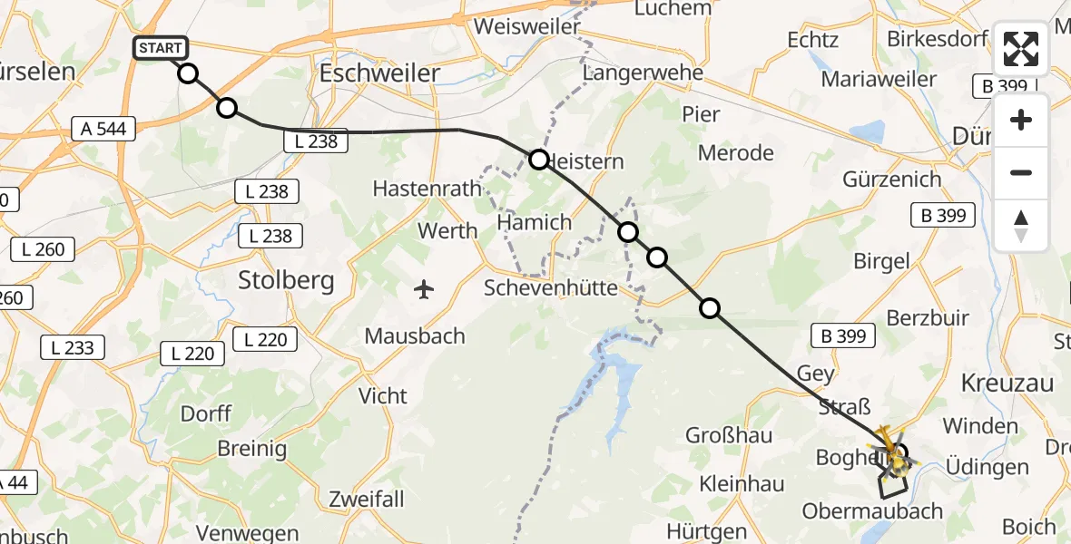 Flugroute Rettungshubschrauber Aachen-Merzbrück Flughafen - Kreuzau, 26 Juli 2026, 10:57