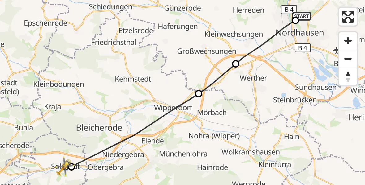 Flugroute Rettungshubschrauber Südharz Hospital Nordhausen - Sollstedt, 26 Juli 2026, 11:03