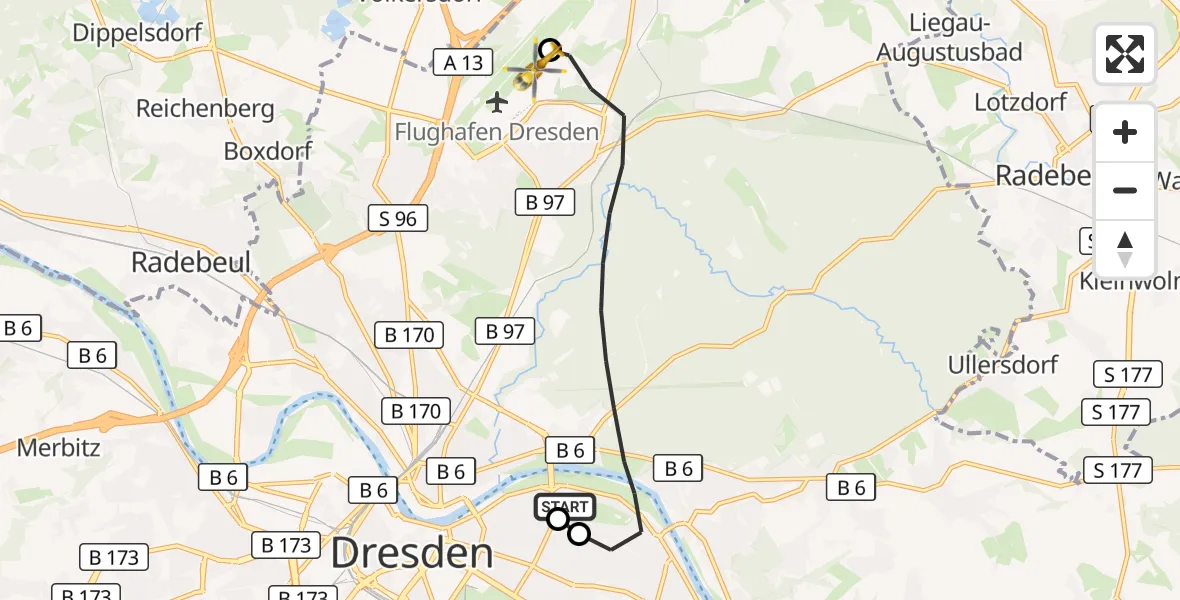 Flugroute Rettungshubschrauber Dresden University Hospital - Dresden Bundespolizei Hubschrauberlandeplatz, 26 Juli 2026, 11:05